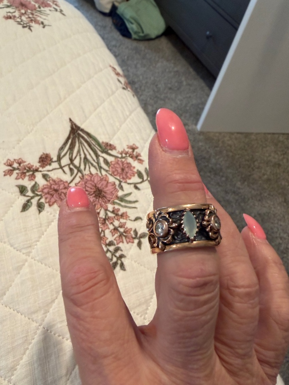 Sterling silver and gold overlay Ring with Green Caldecony Moissinite